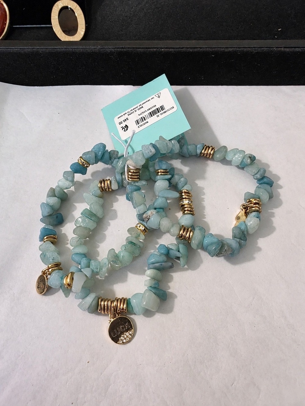 Blue Aquamarine Chip Stretch Bracelet Set with Gold Accents